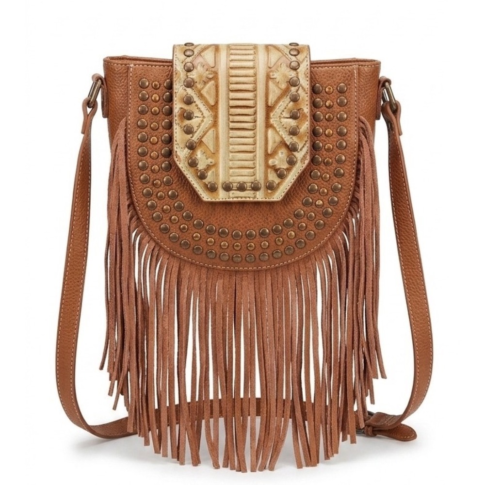 Trinity Ranch Brown Fringe Studded Crossbody Bag Western Boho Messenger
